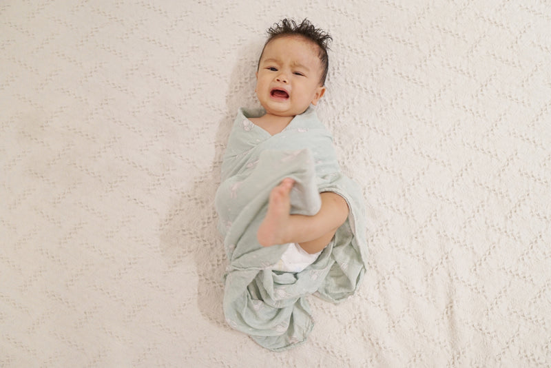 unhappy baby in swaddle